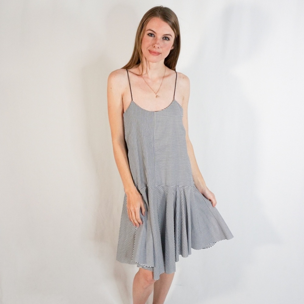 TIBI Drop-Waist Navy & White Stripe Cotton Dress - Picture 1 of 7